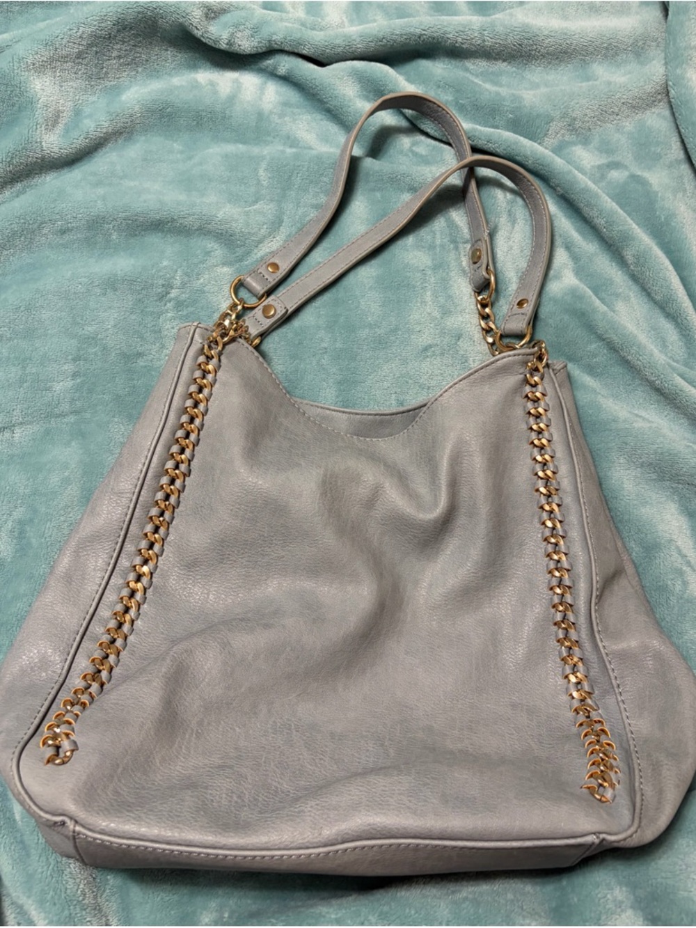 Soft Gray Faux Leather Shoulder Bag with Gold Chain Trim